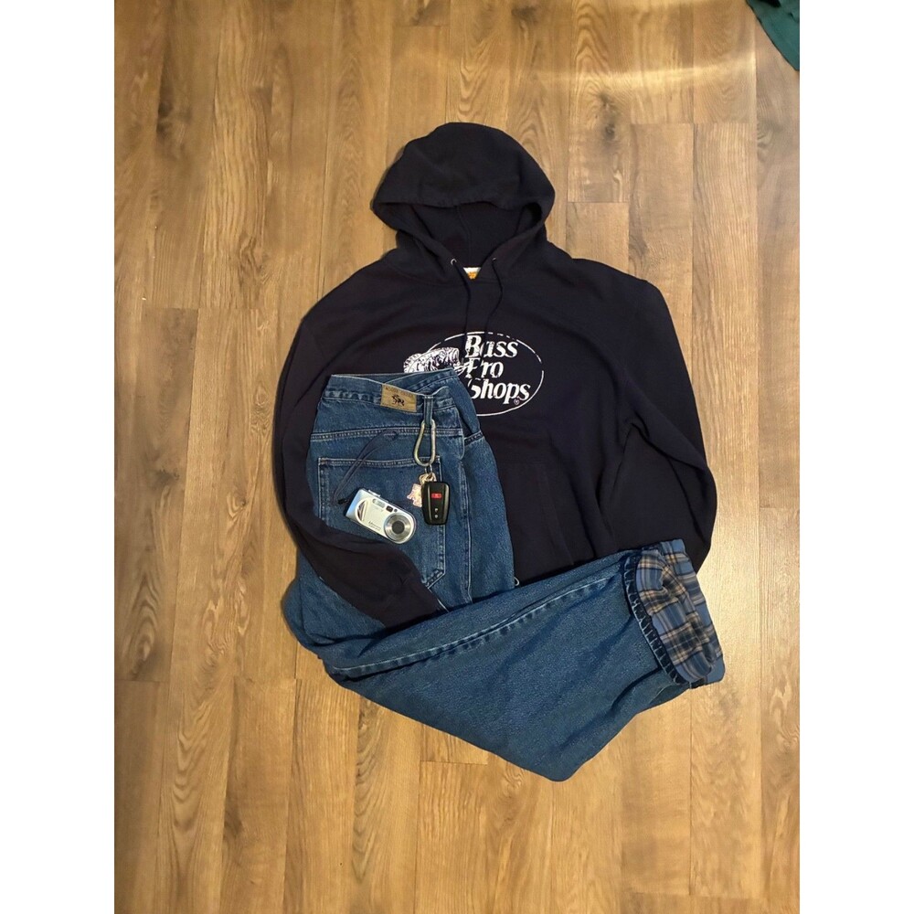 Bass Pro Shops Mens Medium Dark Navy Blue Graphic Logo Hoodie Sweatshirt